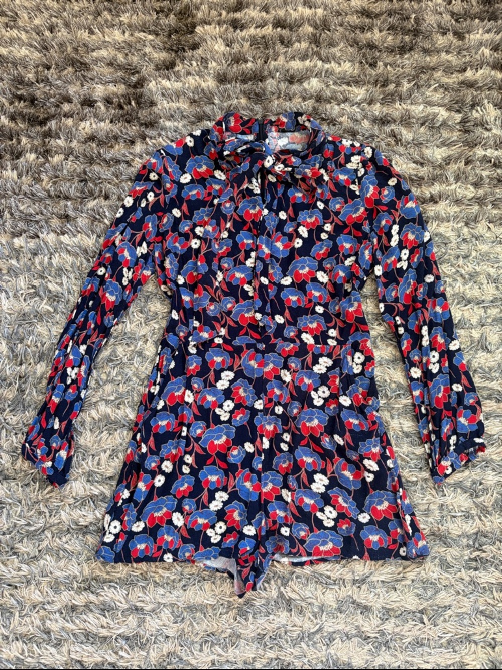 Floral Tie-Neck Long-Sleeve Romper in Navy, Red & Blue Wasit 28”
